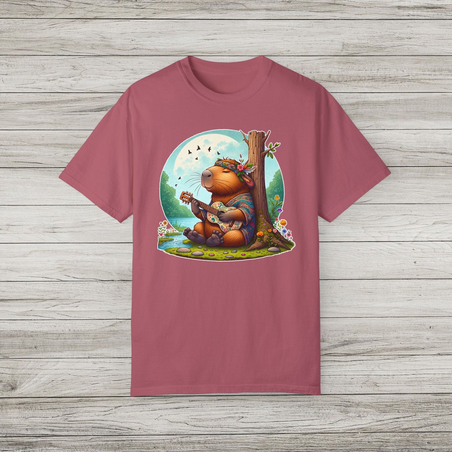 Whimsical Beaver Playing Guitar Garment-Dyed T-Shirt