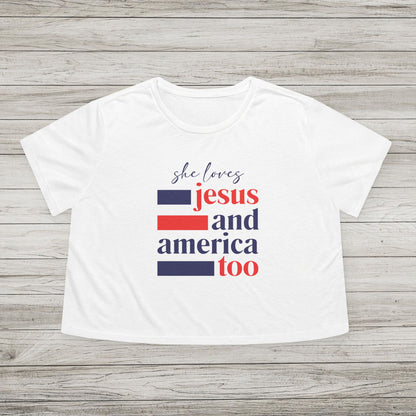 She Loves Jesus and America Too Bella Canvas Flowy Cropped Tee