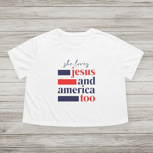 She Loves Jesus and America Too Bella Canvas Flowy Cropped Tee
