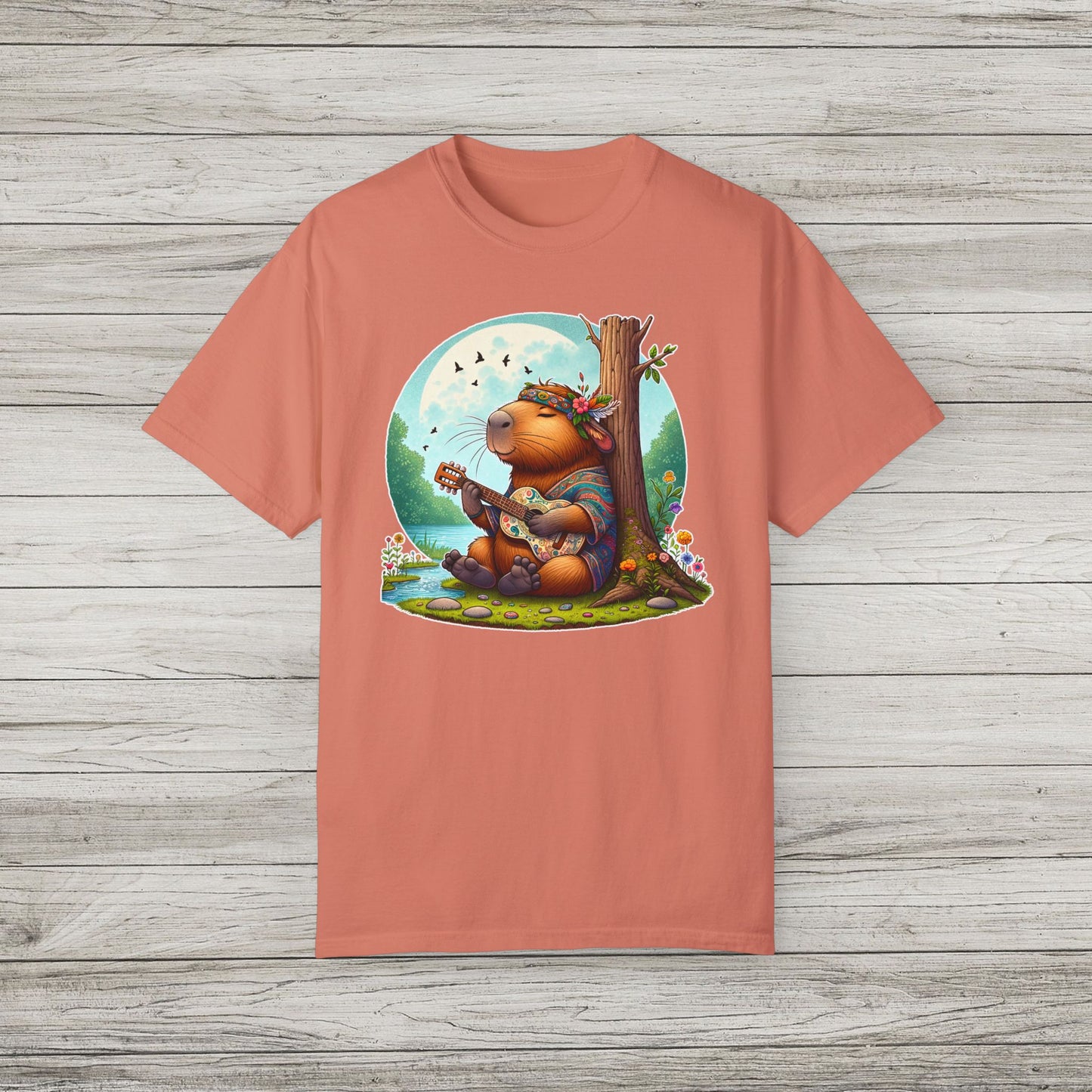 Whimsical Beaver Playing Guitar Garment-Dyed T-Shirt