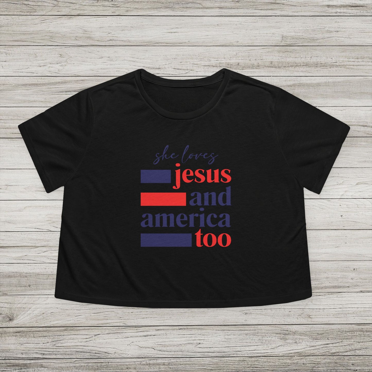 She Loves Jesus and America Too Bella Canvas Flowy Cropped Tee