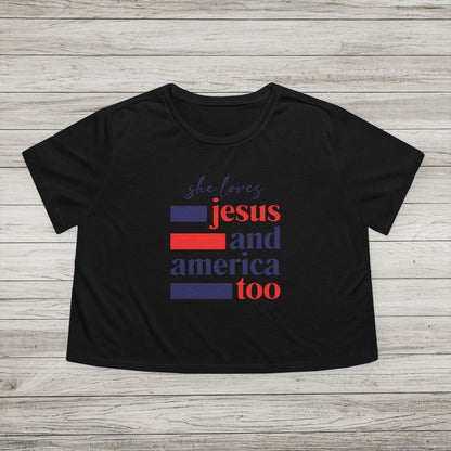 She Loves Jesus and America Too Bella Canvas Flowy Cropped Tee