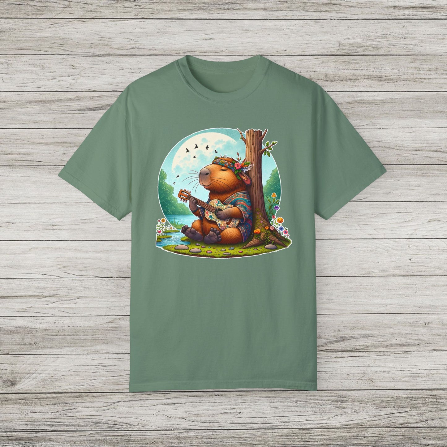 Whimsical Beaver Playing Guitar Garment-Dyed T-Shirt